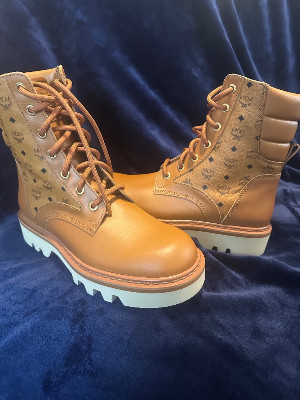 MCM Cognac Monogram Lace-Up Combat Boots – EU 43 – Like New